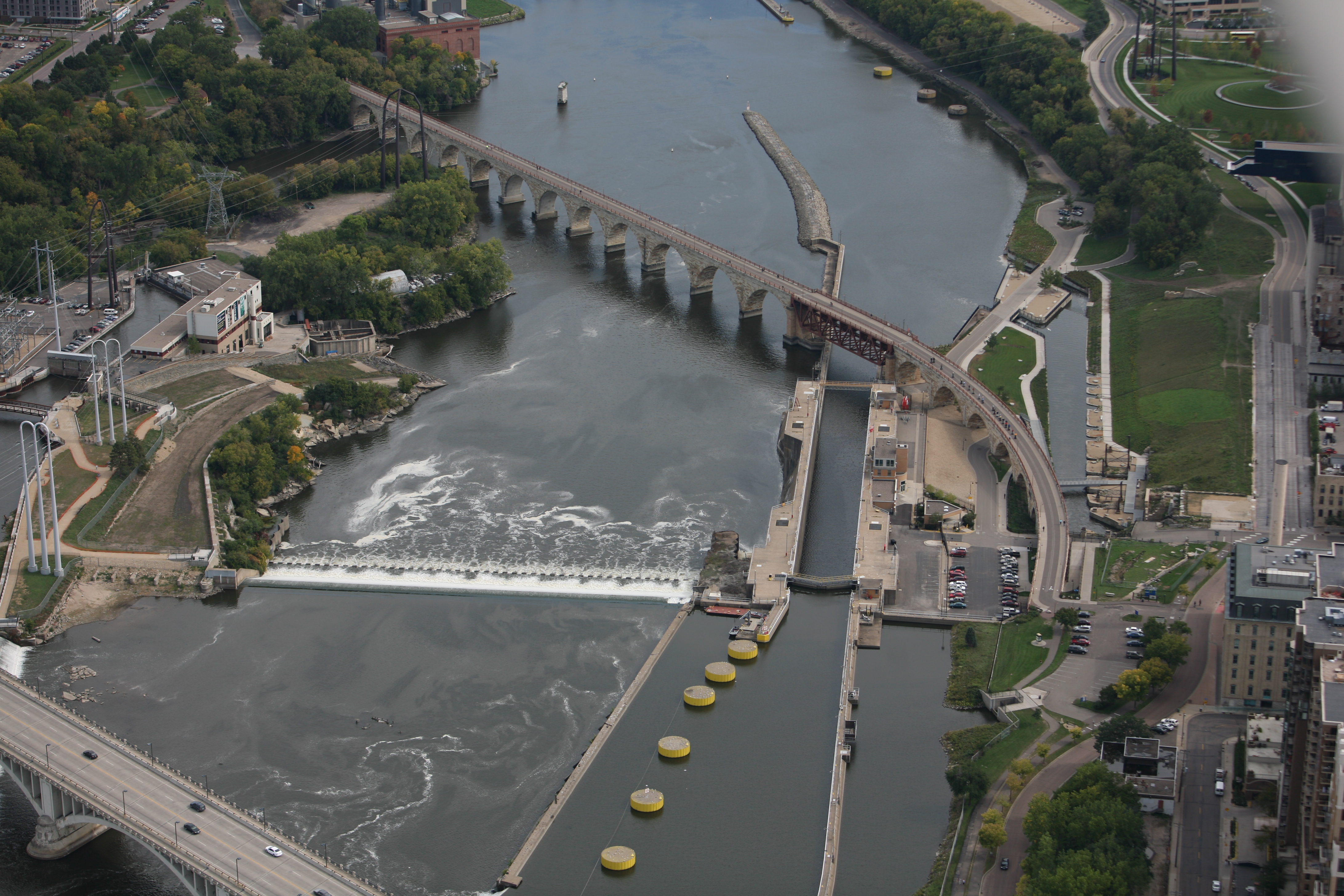 Aerial view of Upper St. Anthony Falls Lock and Dam looking downstream