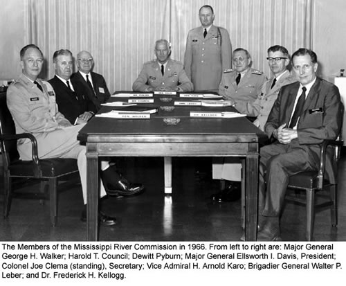 The members of the Mississippi River Commission in 1966. From left to right are: Maj. Gen. George H. Walker; Harold T. Council; Dewitt Pybum; Maj. Gen. Ellsworth I. Davis, President; Colonel Joe Clema (stanting), Secretary; Vice Admiral H. Arnold Karo; Brigadier General Walter P. Leber; and Dr. Frederick H. Kellogg.