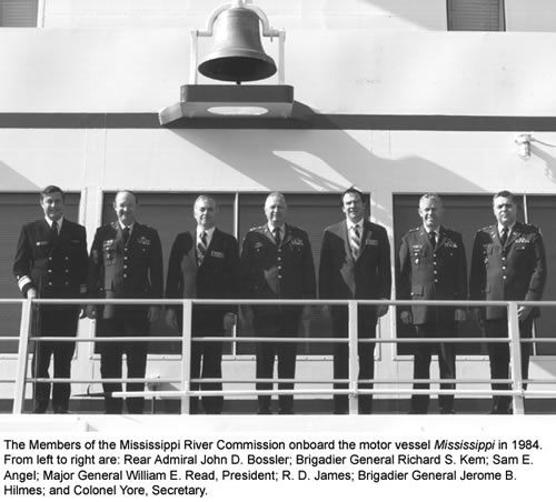 The members of the Mississippi River Commission onboard the motor vessel Mississippi in 1984. From left to right are: Rear Adm. John D. Bossier; Brigadier Gen. Richard S. Kem; Sam E. Angel; Maj. Gen. William E. Read, President; R. D. James; Brigadier Gen. Jerone B. Hilmes; and Colonel Yore, Secretary.